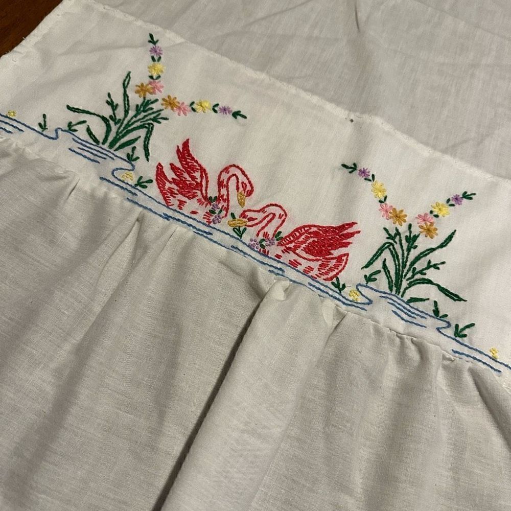 Vintage Handmade and Cross Stitched Swans and Floral White Small Window Panels - Picture 3 of 8